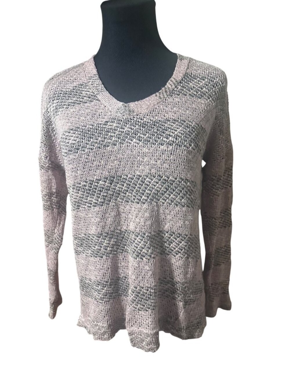 Wallpapher v-neck open knit pink and olive green striped sweater size S